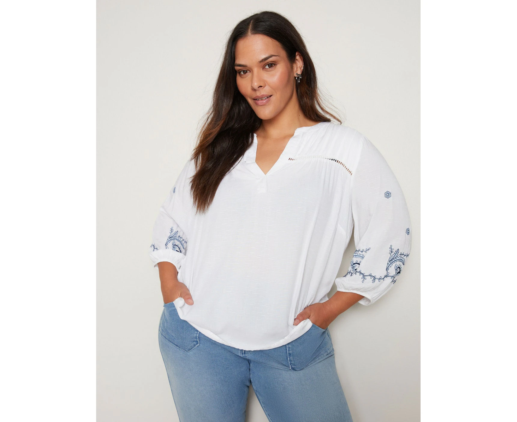 Autograph - Plus Size - Womens Summer Tops - White Blouse / Shirt - Smart Casual - Relaxed Fit - 3/4 Sleeve - V Neck - Regular - Woven - Work Wear