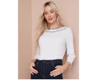 NONI B - Womens Winter Tops - White Tshirt / Tee - Cotton - Casual Clothing - Fitted - 3/4 Sleeve - Boat Neck - Regular - Office Fashion - Work Wear - White