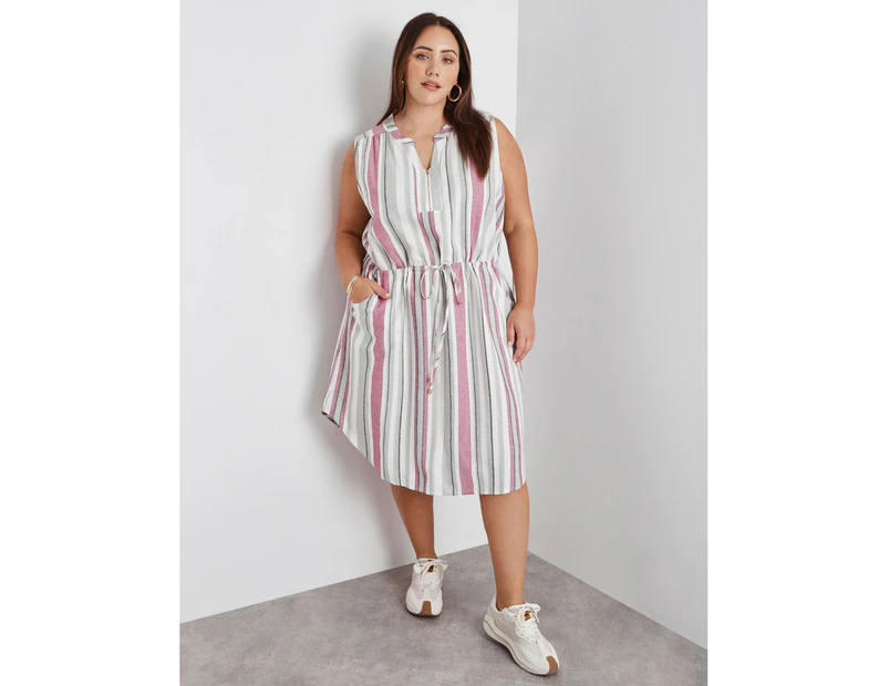 BeMe - Plus Size - Womens Midi Dress - Pink - Summer Linen A Line Dresses - Sleeveless - Stripes - Zipped Detail Double Pocket  - Women's Clothing - Stripe