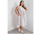 BeMe - Plus Size - Womens Midi Dress - Pink - Summer Linen A Line Dresses - Sleeveless - Stripes - Zipped Detail Double Pocket  - Women's Clothing - Stripe