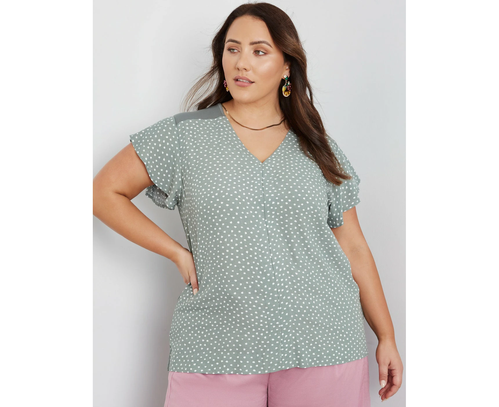 BeMe - Womens Plus Size - Tops - Summer - Cropped - Green - Short Sleeve - V Neck - Polka Dot - Relaxed Fit - Casual Fashion - Office Work Clothes