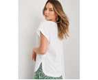 ROCKMANS - Womens Summer Tops - White Tshirt / Tee - Smart Casual Clothing - Relaxed Fit - Short Sleeve - V Neck - Long - Office Fashion - Work Wear - White