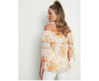Table Eight - Womens Tops -  3/4 Sleeve Off Shoulder Floral Top - Multi