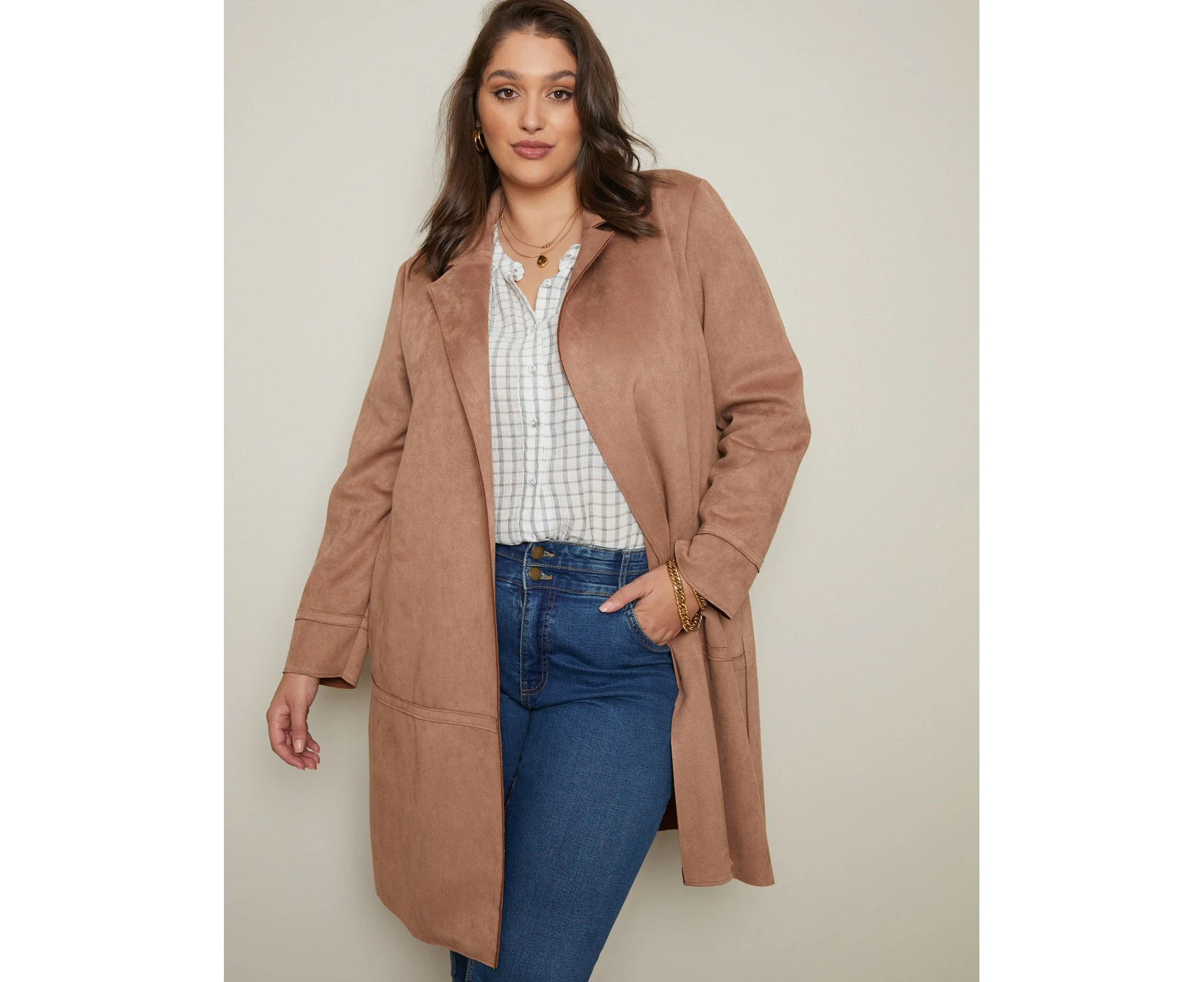 Autograph - Plus Size - Womens Long Jacket - Brown Winter Coat - Suedette Casual - Long Sleeve - Camel - Blazer - Vogue Fashion - Office Work Wear