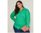 AUTOGRAPH - Plus Size - Womens Tops -  Long Sleeve Cotton Shirt - Jade