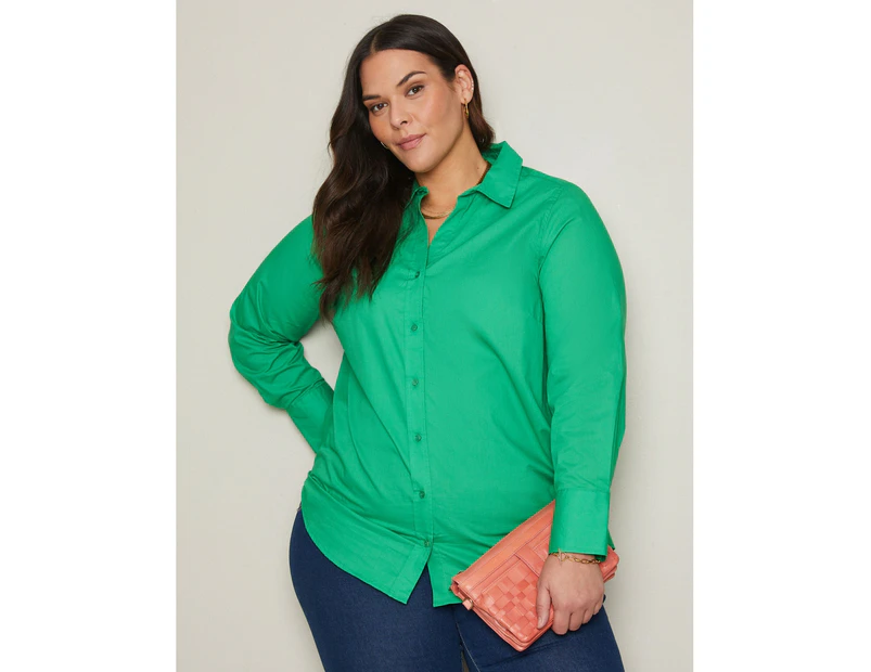 AUTOGRAPH - Plus Size - Womens Tops -  Long Sleeve Cotton Shirt - Jade