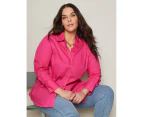 AUTOGRAPH - Plus Size - Womens Tops -  Long Sleeve Cotton Shirt - Hot Pink