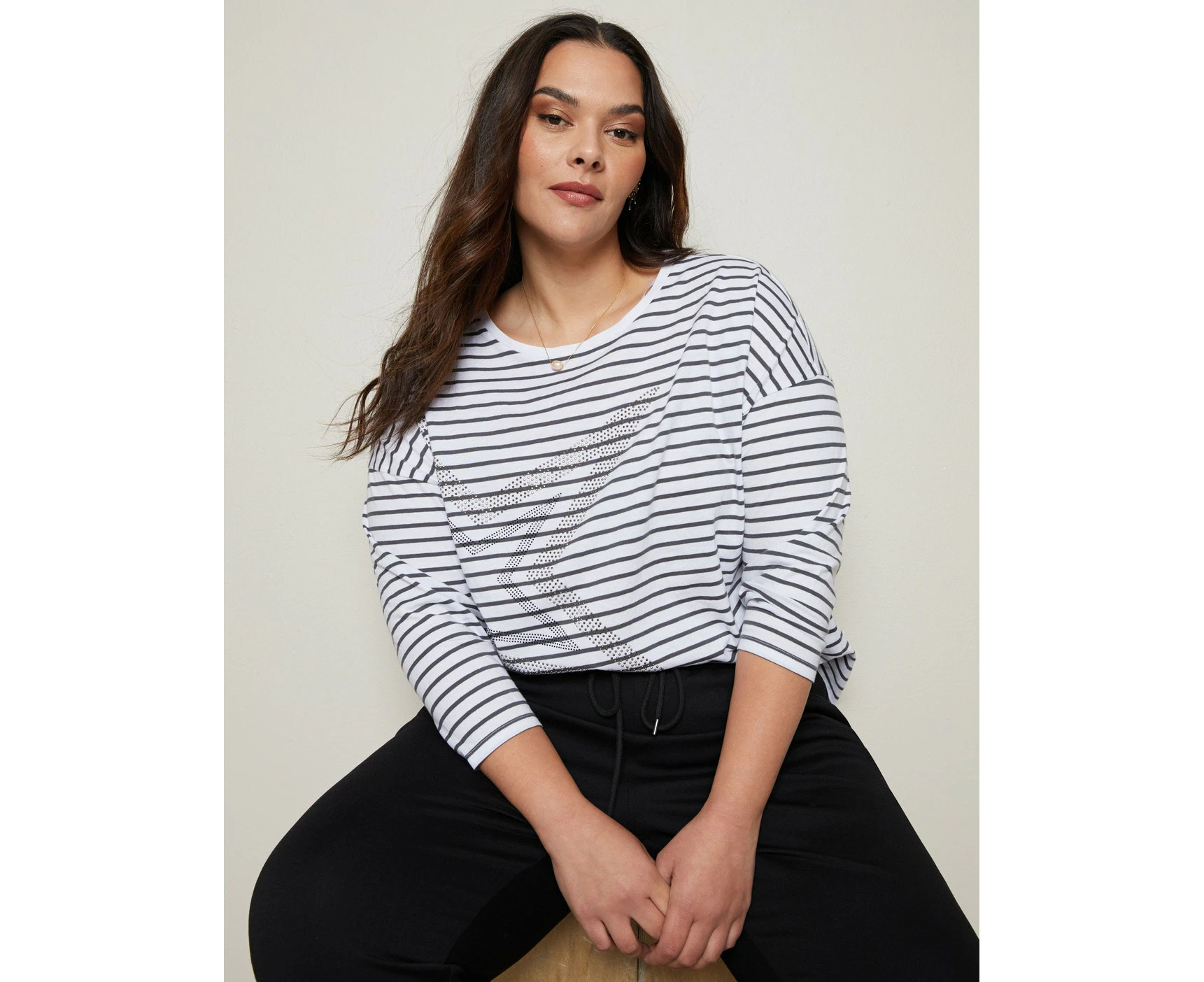 Autograph - Plus Size - Womens Summer Tops - Black Tshirt / Tee - Cotton Striped - Star - Relaxed Fit - 3/4 Sleeve - Crew Neck - Regular - Casual Wear