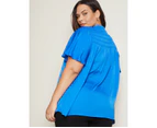 AUTOGRAPH - Plus Size - Womens Tops -  Elbow Sleeve Smocked Front Satin Top - Sapphire