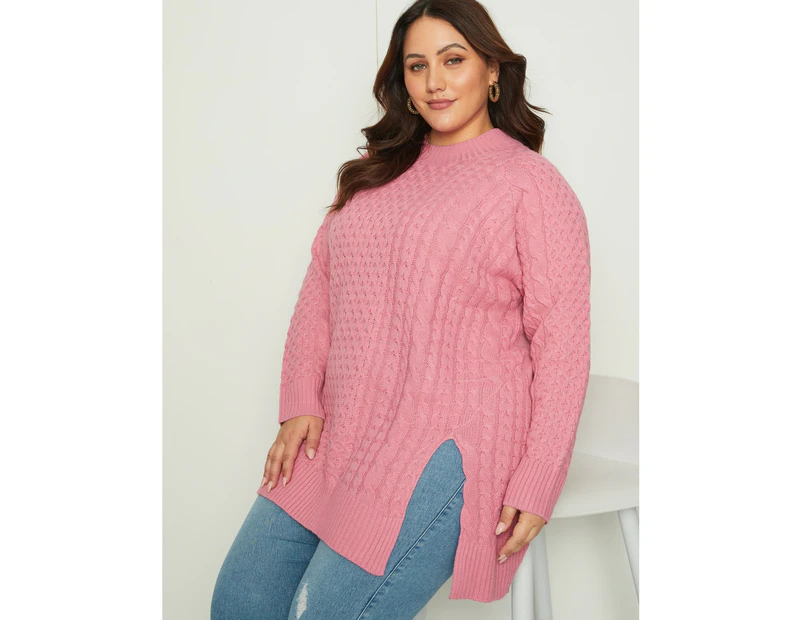 BeMe - Plus Size - Womens Jumper - Long Winter Sweater Pink Pullover Cable Knit - Knitwear - Long Sleeve - High Neck - Split Hem Casual Work Clothing - Pink