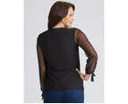 MILLERS - Womens Tops -  Long Sleeve Mesh V-Neck With Sleeve Detail - Black