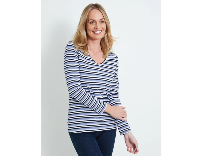 RIVERS - Womens Tops -  V Neck Long Sleeve Tee - Blue Stripe