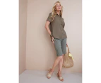 NONI B - Womens Tops -  Short Sleeve Plain Linen Blouse - Dusty Olive