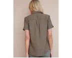 NONI B - Womens Tops -  Short Sleeve Plain Linen Blouse - Dusty Olive