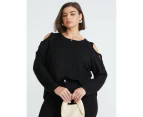 BeMe - Plus Size - Womens Jumper - Long Winter Sweater - Black Pullover - Stud - 3/4 Sleeve - Fitted - Crew Neck - Smart Casual Clothing - Work Wear - Black