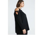 BeMe - Plus Size - Womens Jumper - Long Winter Sweater - Black Pullover - Stud - 3/4 Sleeve - Fitted - Crew Neck - Smart Casual Clothing - Work Wear - Black