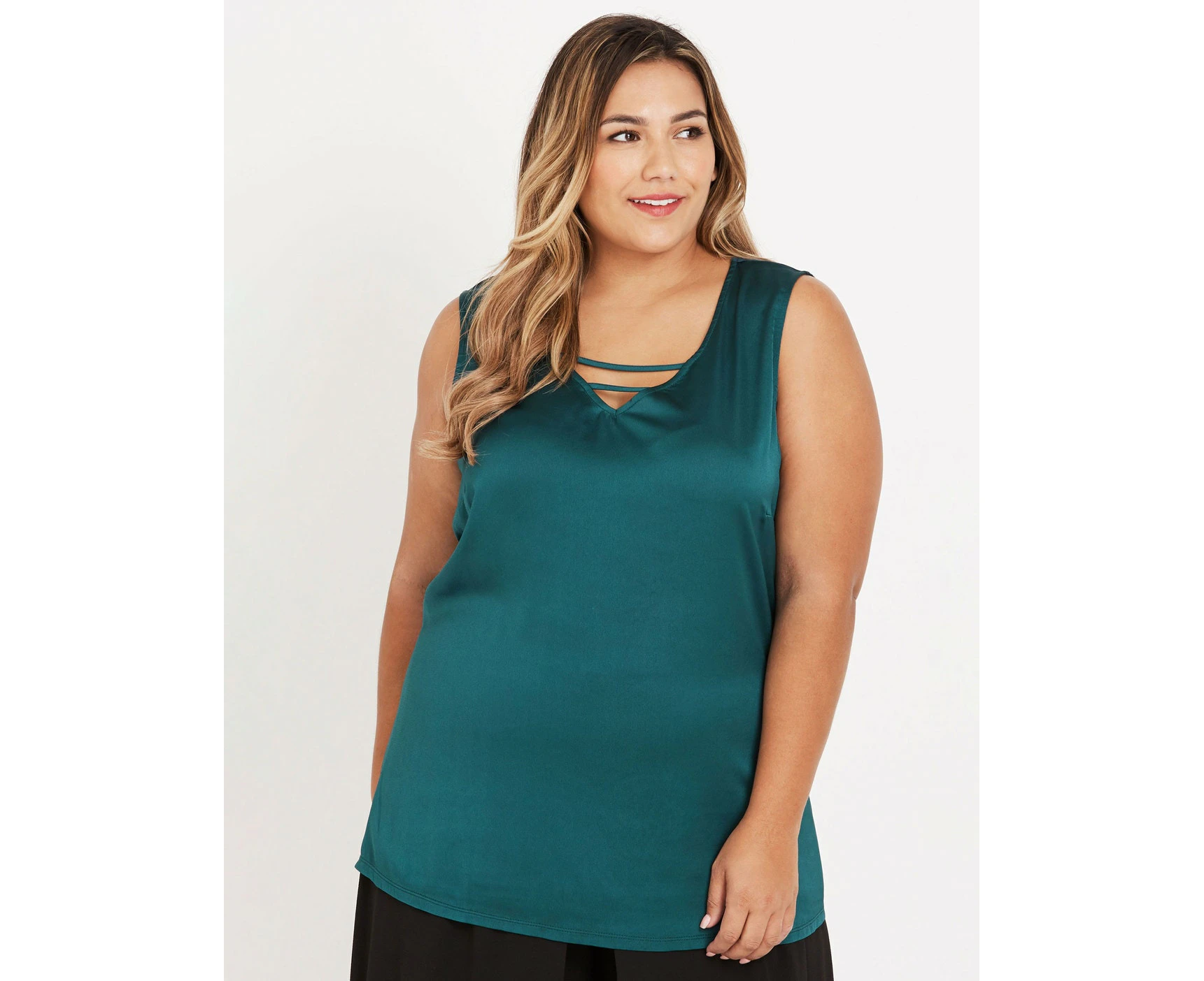 BeMe - Plus Size - Womens Winter Tops - Green Blouse / Shirt - Casual Clothing - Peacock - Relaxed Fit - Sleeveless - Square Neck - Long - Elastane