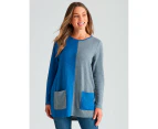 ROCKMANS - Womens Jumper - Long Winter Sweater - Blue Pullover - Contrast Colour - Knitwear - Long Sleeve -  Abstract - Relaxed Fit Boat Neck Elastane - Blue