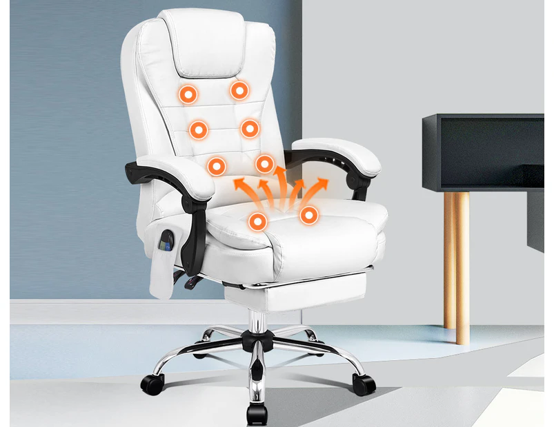 ALFORDSON Massage Office Chair Heated Seat Gaming Racer Executive PU Leather White