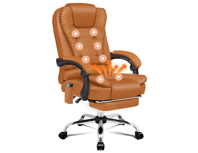 ALFORDSON 8-Point Massage Office Chair with Heated Seat Executive PU Leather Brown