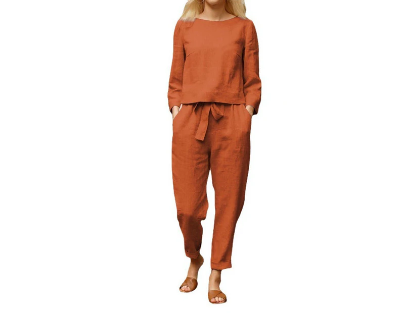 Women Casual Tracksuit Sets Homewear Loungewear Pyjamas Long Sleeve T-Shirts Top and Long Pants - Orange