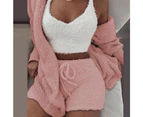 Womens Fleece Fluffy Fur Coat Cardigan and Vest Crop Top Shorts Pajamas Set Pyjamas Loungewear Nightwear Sleepwear - Pink