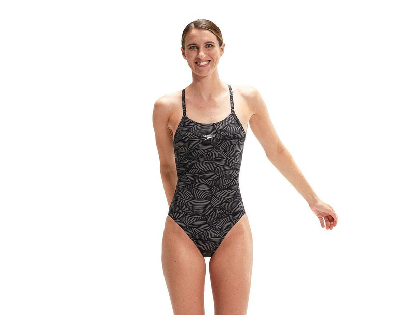 Speedo Womens All-Over Print Cross Back One Piece Swimsuit (Black) - RD3144