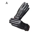 1 Pair Winter Gloves Smooth Faux Leather Touch Screen Thick Soft Plush Windproof Cycling Full Fingers Solid Color Cold Resistant Men Gloves-One Size A