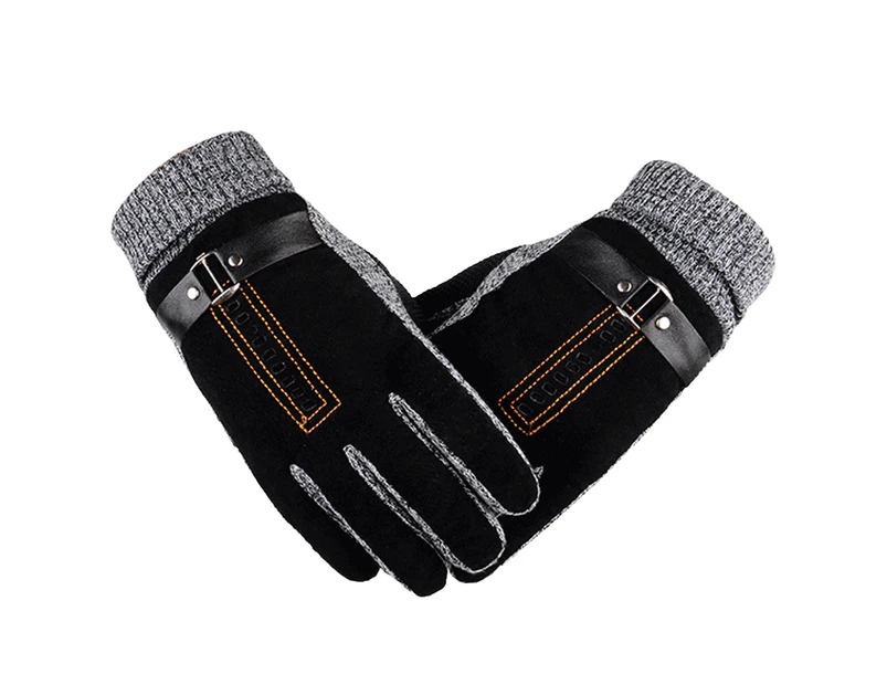puluofuh 1 Pair Men Gloves Soft Fleece All Fingers Knitted Strap Decor Cold-proof Elastic Camping Climbing Men Winter Gloves for Cycling-One Size Black