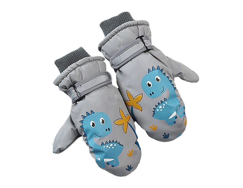puluofuh Kids Windproof Outdoor Cycling Gloves Cartoon Dinosaur Print Soft Warm Mitten-Grey One Size