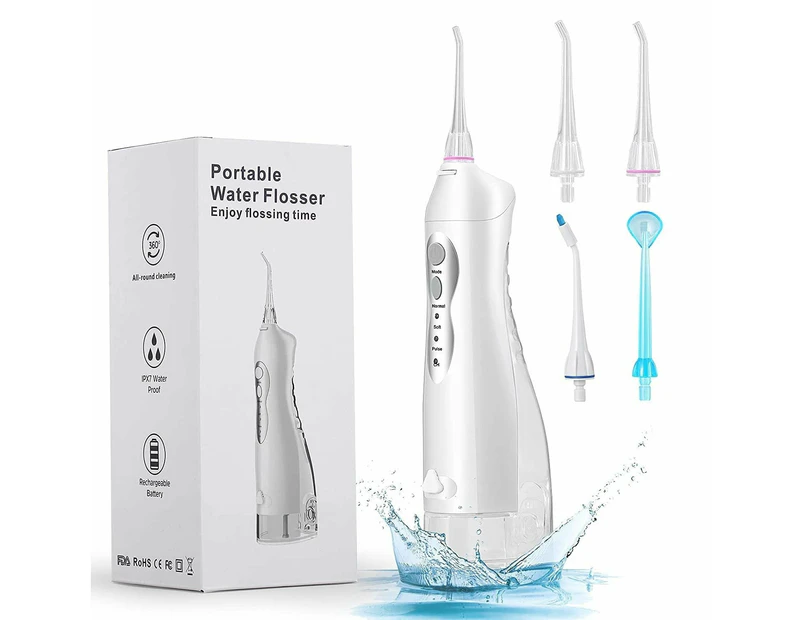 220ML Oral Irrigator Portable Dental Water Flosser USB Rechargeable 3 Mode Water Jet Floss IPX7 Waterproof Teeth Cleaner 4 Nozzle - White