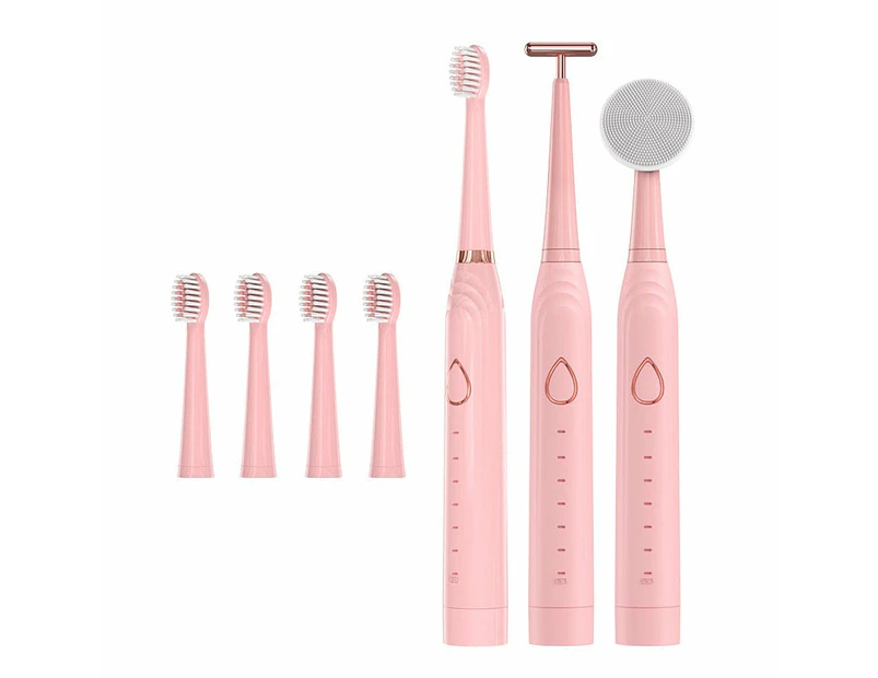 7 in 1 Electric Toothbrush Sonic Vibration 6 Modes USB Charging Cleansing Facial Lift Massager Waterproof Smart Tooth Brush Set - Pink