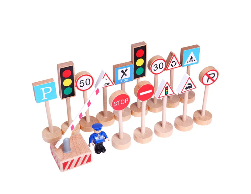 16Pcs/Set Wooden Street Road Traffic Signs Model Block Educational Kids Toy- 16pcs