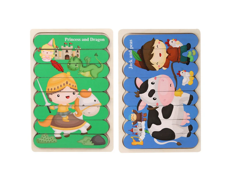 Kid Wooden Cartoon Vehicle Animal Double-sided Bar Jigsaw Puzzle Educational Toy- Princess and Dragon + Jack and Pea