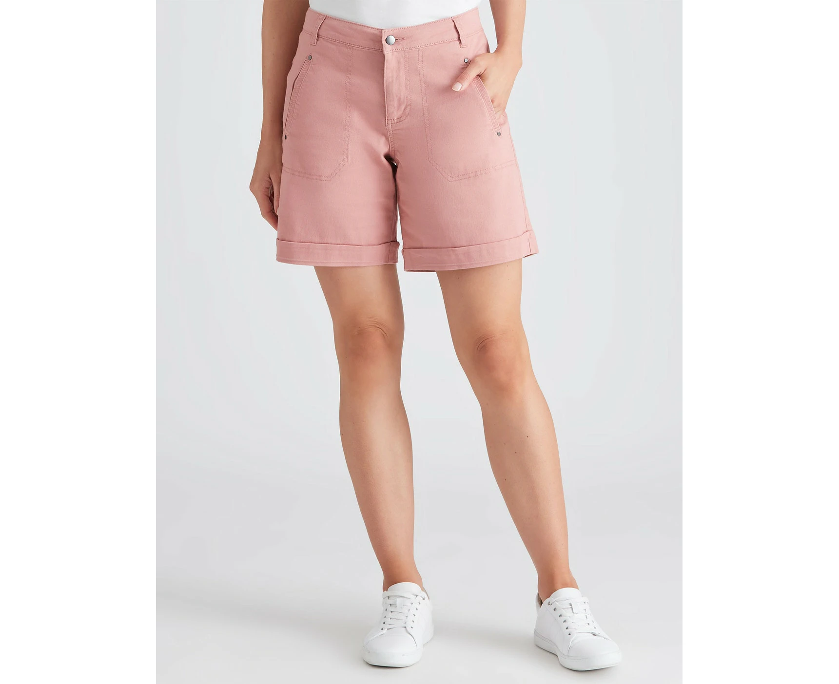 Katies - Womens Pink Shorts - All Season - Cotton - Mid Thigh High Waist - Chino - Coral - Elastane - Bermuda - Comfort Fashion Cool Casual Work Wear