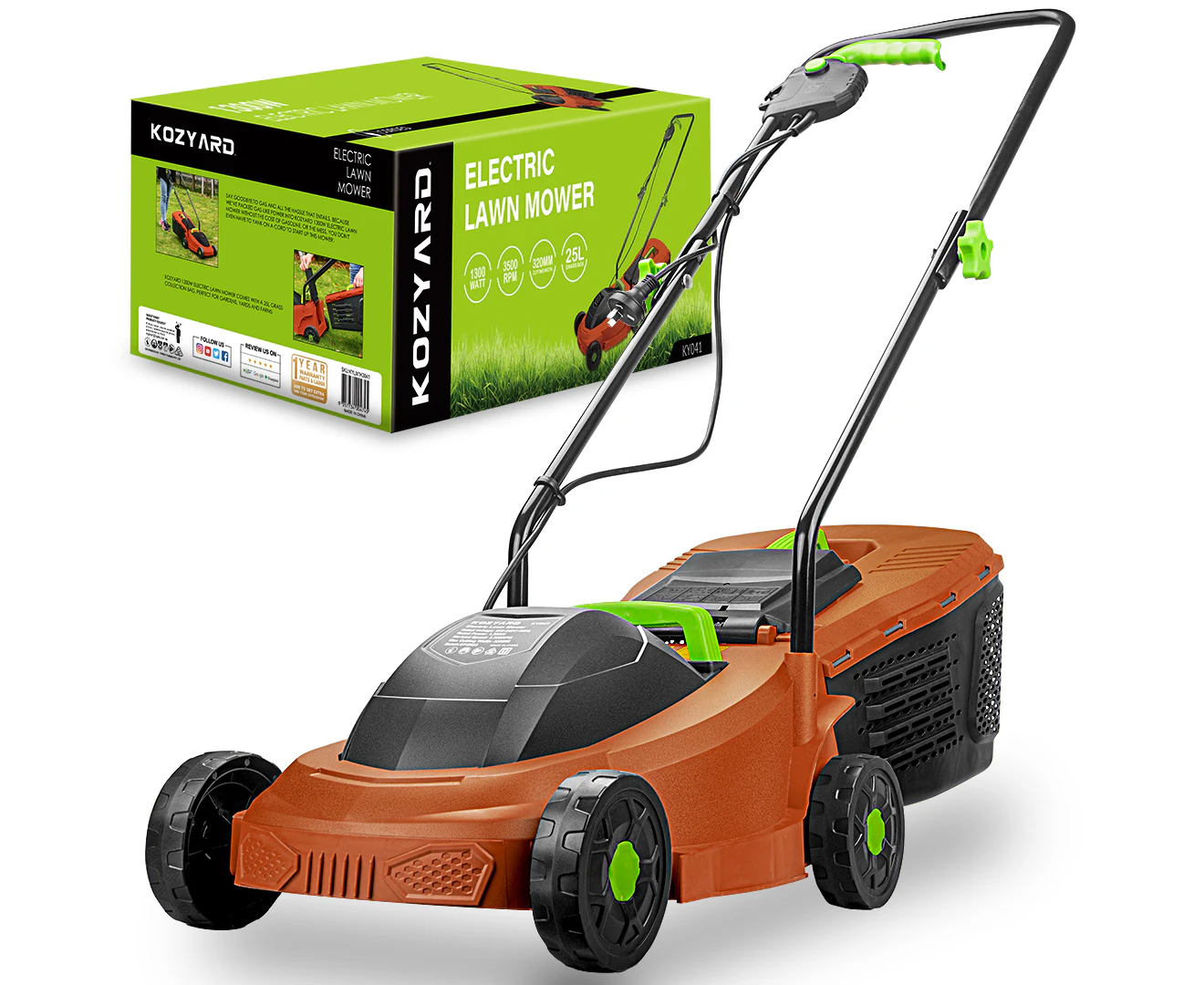 KOZYARD 1300w Electric Lawn Mower,2-in-1 Grass Box Or Mulch Electric Weeder,2-Position Height Adjustment