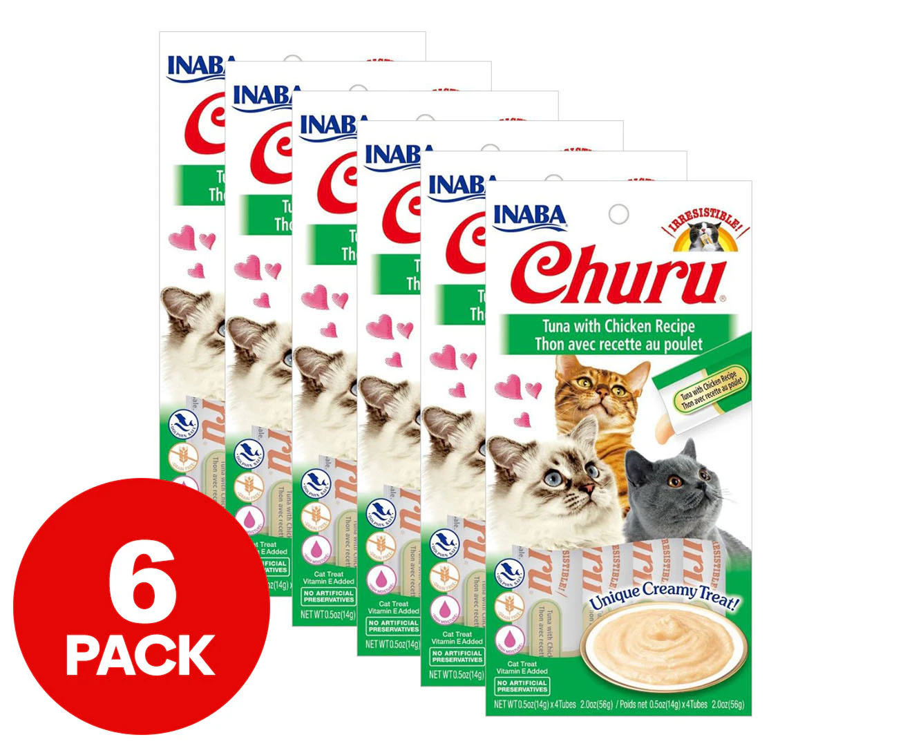 6 x Inaba Churu Puree Cat Treats Tuna w/ Chicken 56g