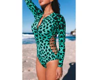 Azura Exchange Zipper Cut-out Leopard Print Rash Guard Swimsuit - Green