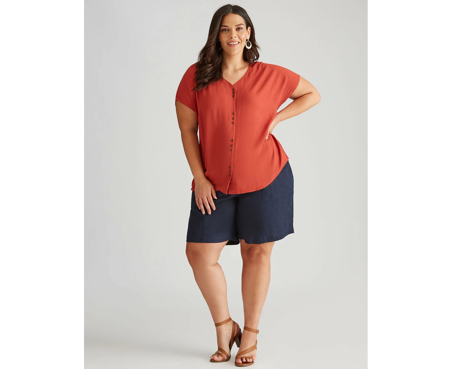 Autograph - Plus Size - Womens Black Shorts - Summer - Linen Clothing Mid Waist - Dk Navy - Woven - Chino - Button - Casual Wear - Comfort Fashion