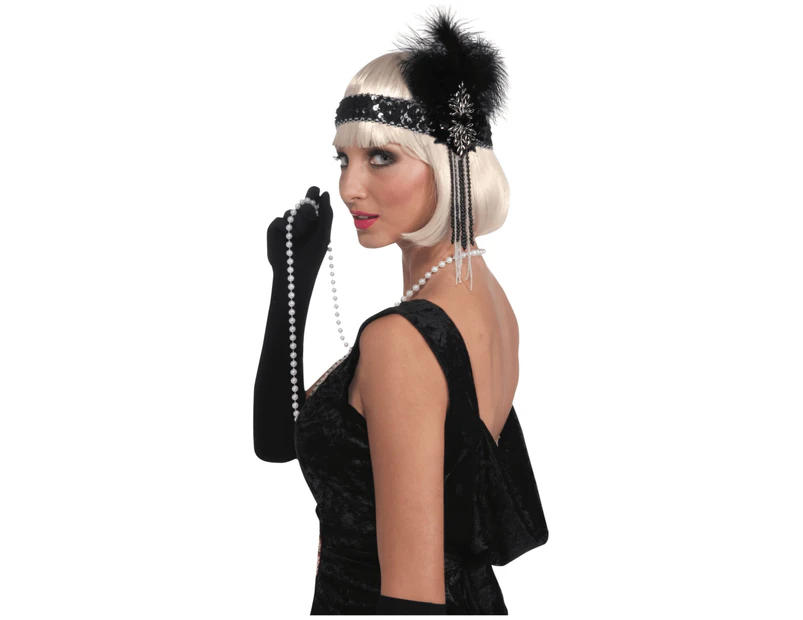 Flapper 20s Black Feather Sequin Beaded Deluxe Costume Headband