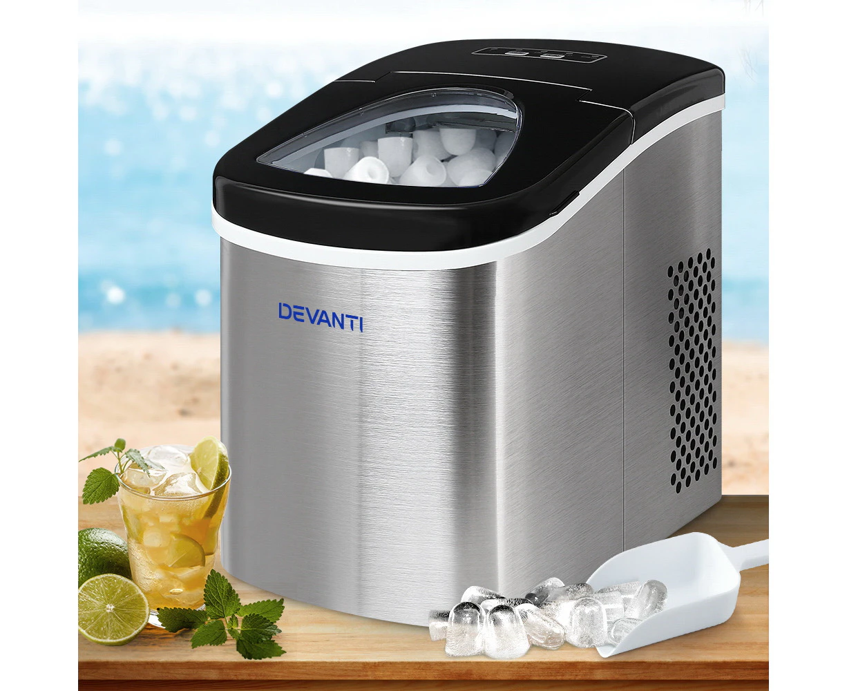 Devanti Ice Maker Machine Commercial Portable Ice Cube Tray Stainless Steel 2.4L