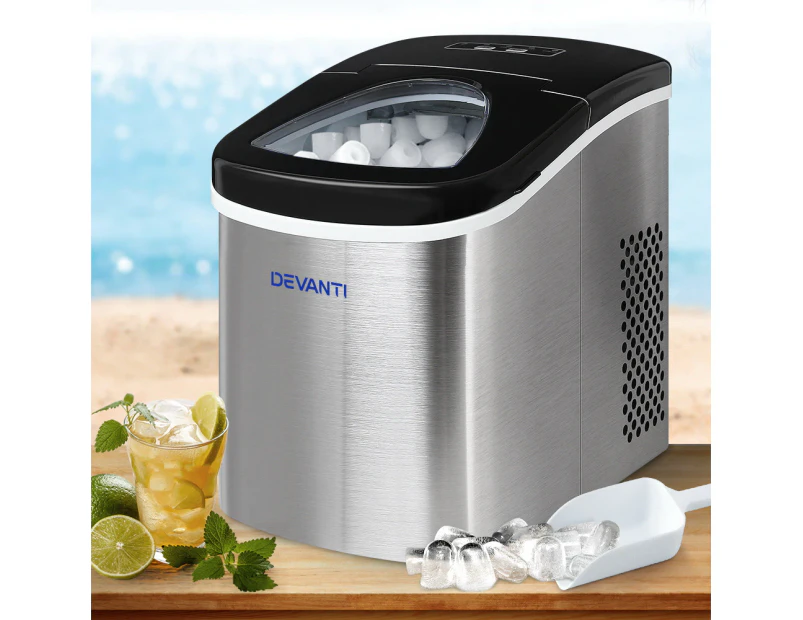 Devanti 2.4L Ice Maker Portable Ice Cube Machine Stainless Steel - Silver