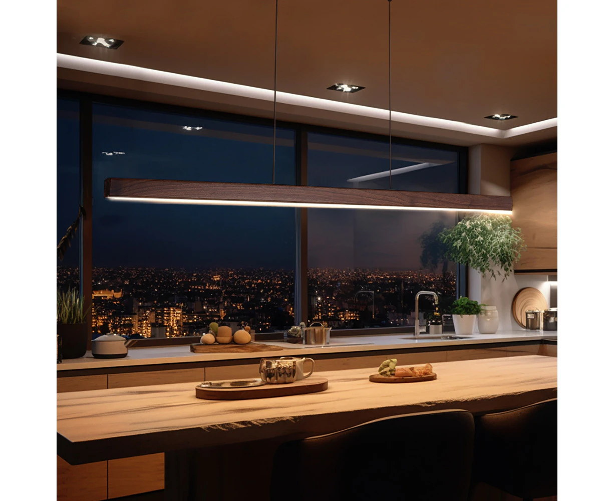 Krear 120cm Linear Pendant Light Walnut Led Kitchen Benchtop Drop Lights