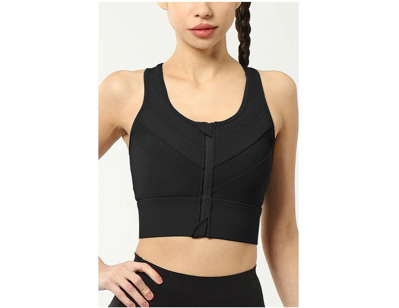 Women's Front Zipper Sports Bra Gym High Impact Shockproof Sports Underwear Yoga Top Breathable Sports Bra-black