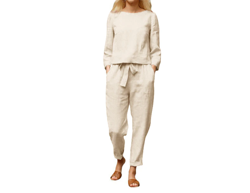 Women's Plain Loungewear Set Casual Blouse Top Harem Pants Comfy Outfit Set - Beige