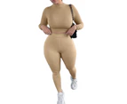 Women Tracksuit Long Sleeve Crop Tops Leggings Pants Set Sport Lounge Wear - Khaki
