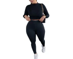 Women Tracksuit Long Sleeve Crop Tops Leggings Pants Set Sport Lounge Wear - Black