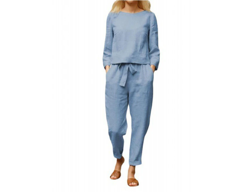 Women's Plain Loungewear Set Casual Blouse Top Harem Pants Comfy Outfit Set - Blue