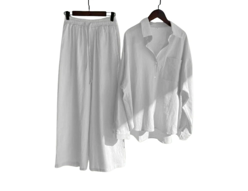 Women's Plain Lounge Wear Blouse Tops Trousers Set Loose Casual Outfit - White