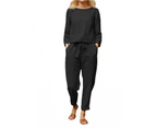 Women's Plain Loungewear Set Casual Blouse Top Harem Pants Comfy Outfit Set - Black